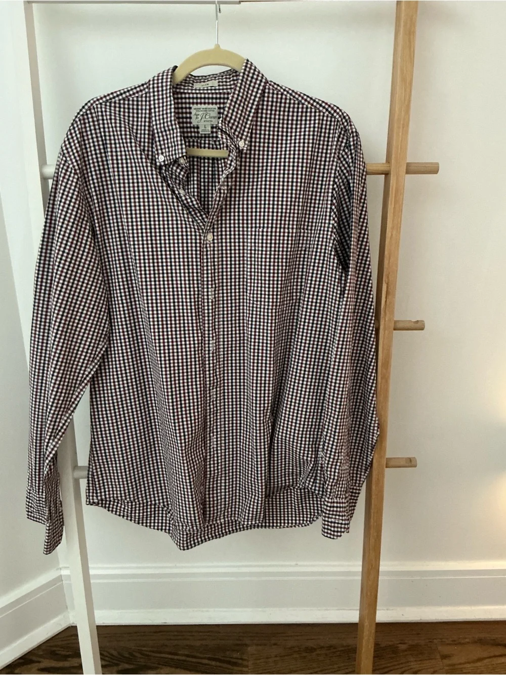 J. Crew Men's Burgundy and White Gingham Button-Down Shirt